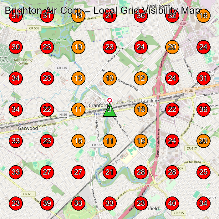 Brighton Air Corp GeoGrid visibility map for Hvac Contractor in Westfield